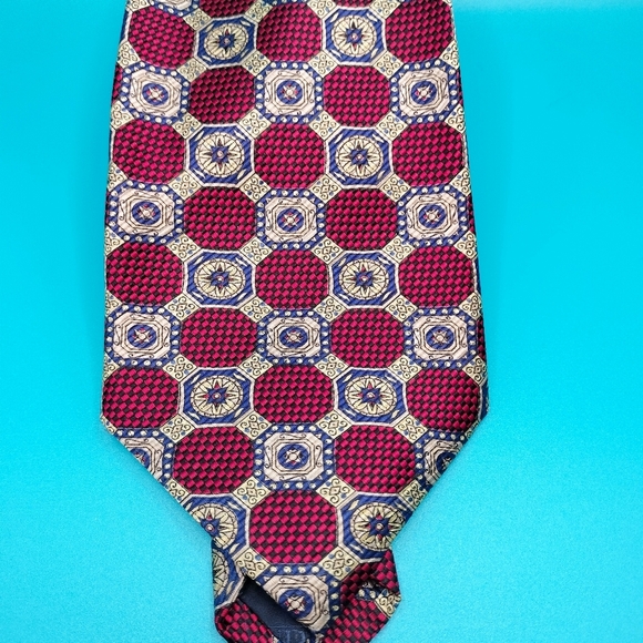 Lands End Silk Necktie Tie Red Multicolored Geometric Multi Pattern Handsewn - Picture 6 of 9